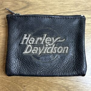 Harley Davidson Genuine Leather Black Small Coin Pouch Zip Embroidered Biker